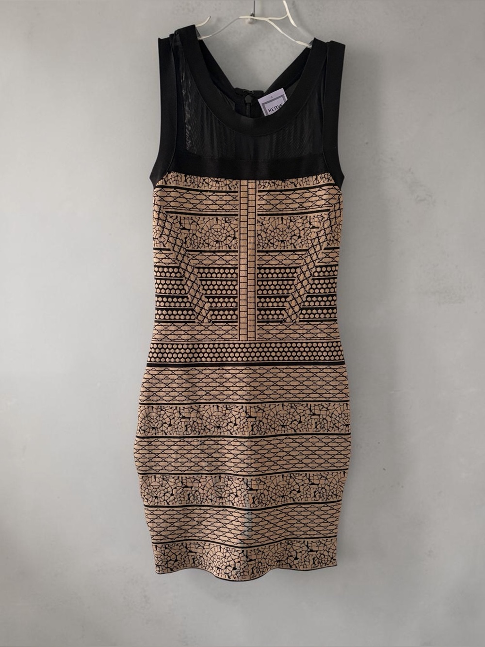 Herve Leger Sleeveless Bandage Dress Small Black Mesh Tan Print